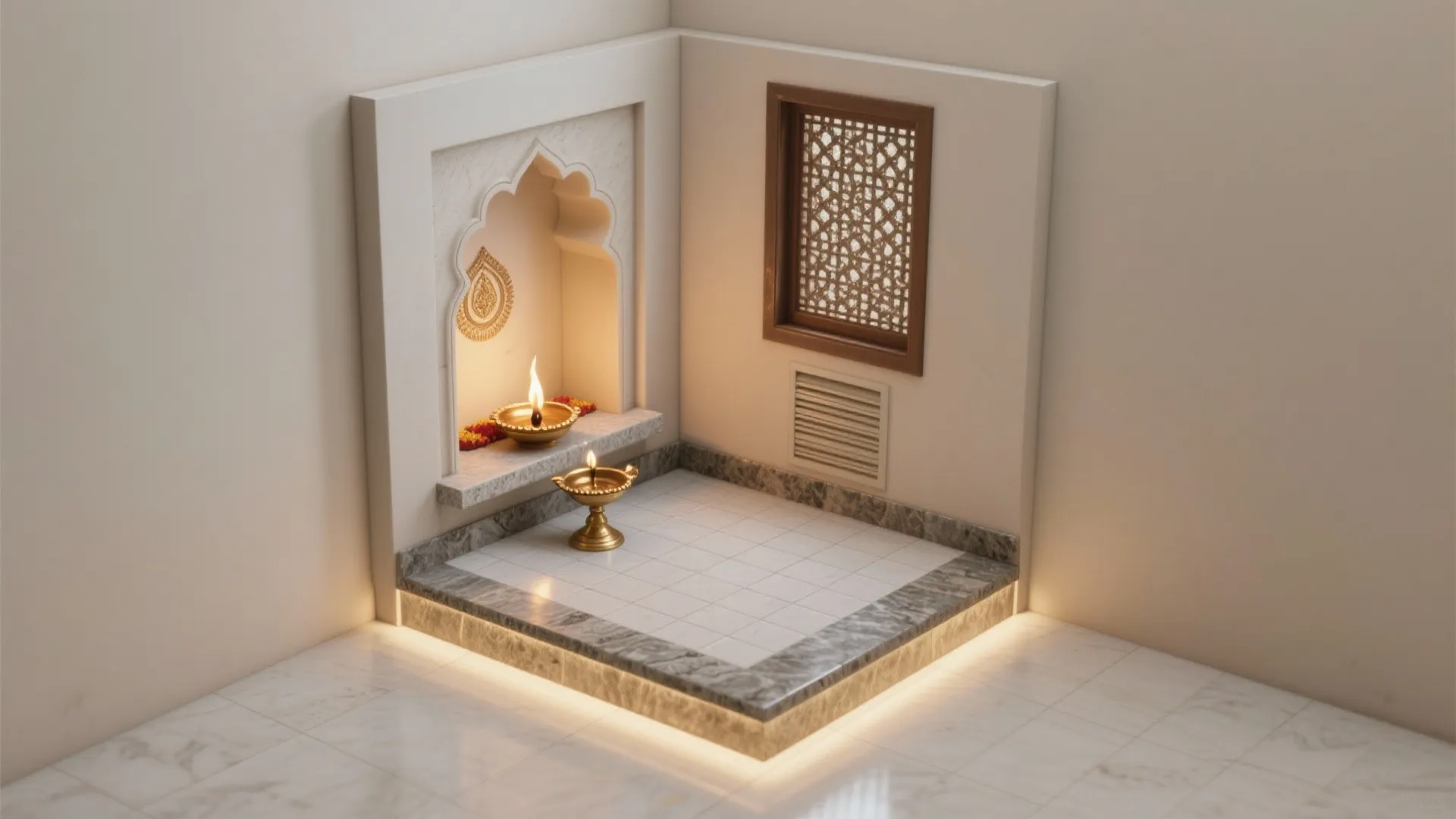 Top-down view of a compact pooja niche layout with safe clearances and ventilation path.
