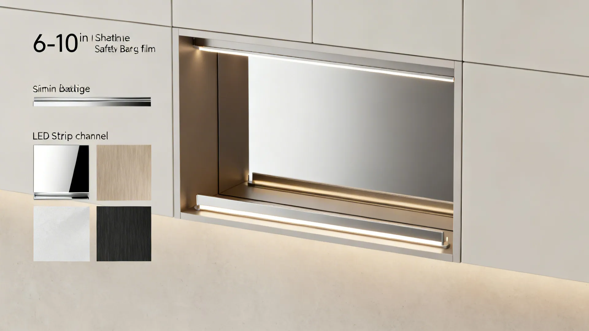 Top-down layout showing mirrored niche depth, metal trims, safety backing, and LED placement.