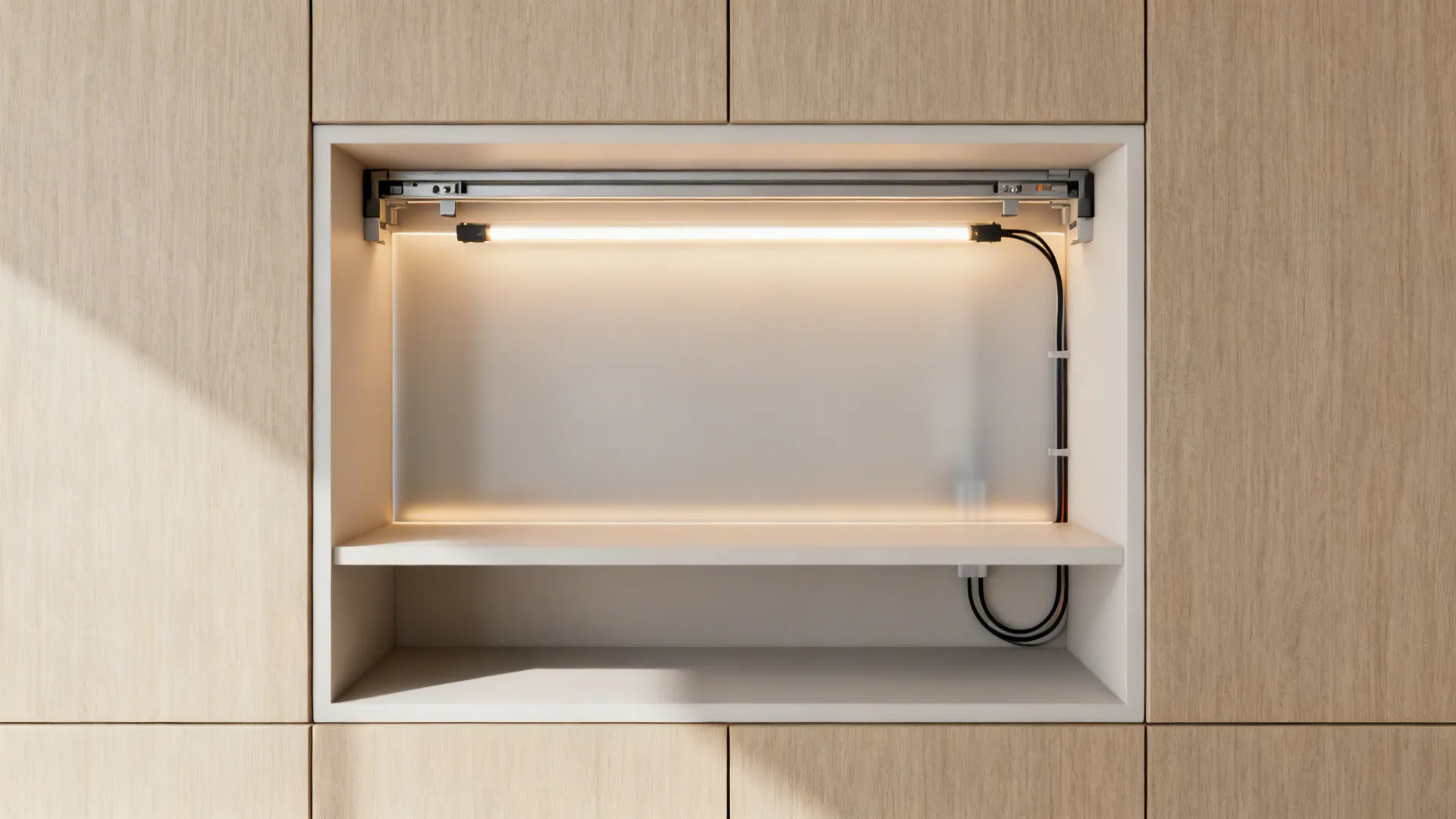 Top-down plan of a frosted niche showing LED placement and sliding track.