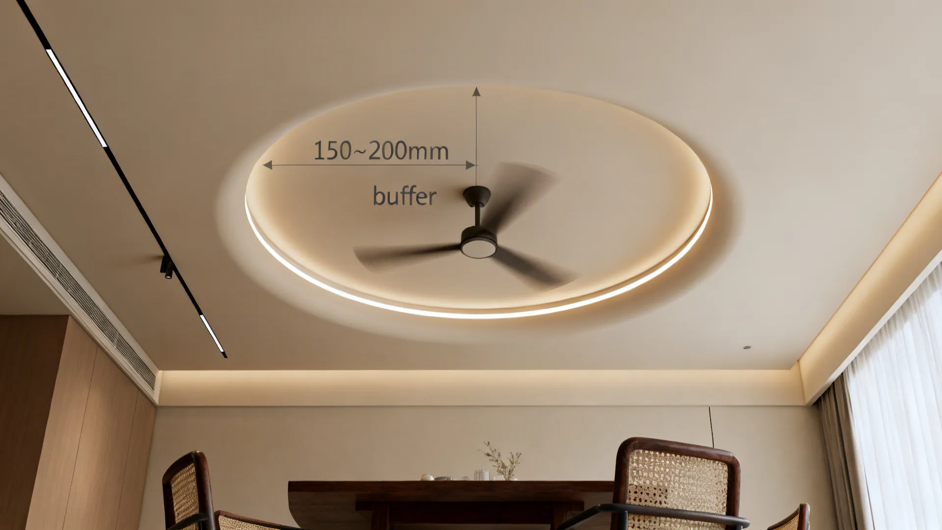 Top-down view of recessed fan niche with cove lighting and safe blade clearances.