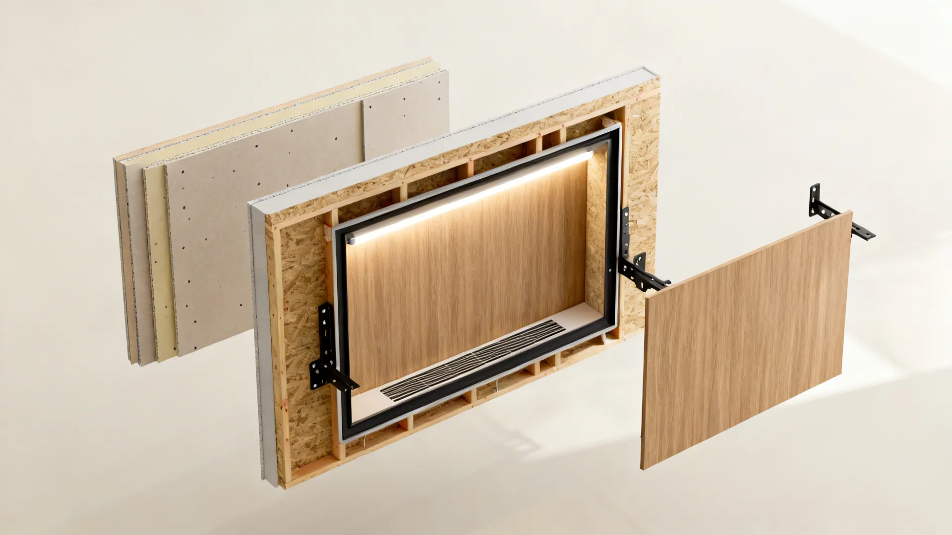 Top-down exploded view showing layers of a recessed TV niche with LED placement.