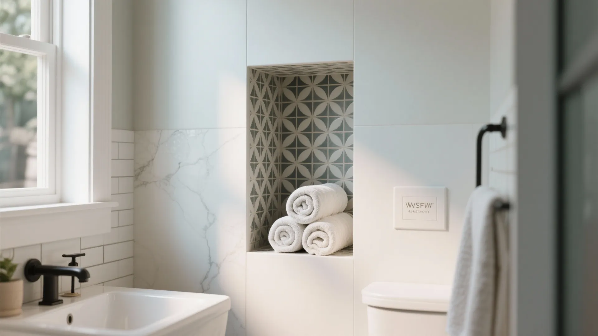 Modern bathroom wall with built-in storage niche holding rolled white towels and patterned tile background
