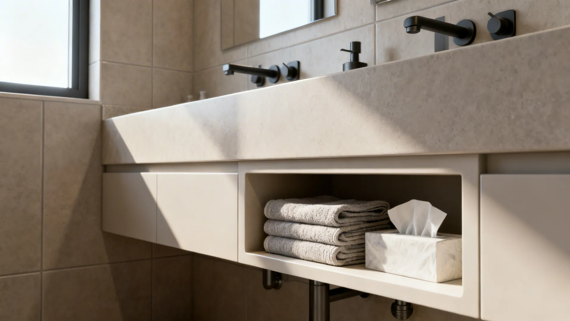Modern bathroom stone sink with black faucets and folded grey towels in storage shelf below