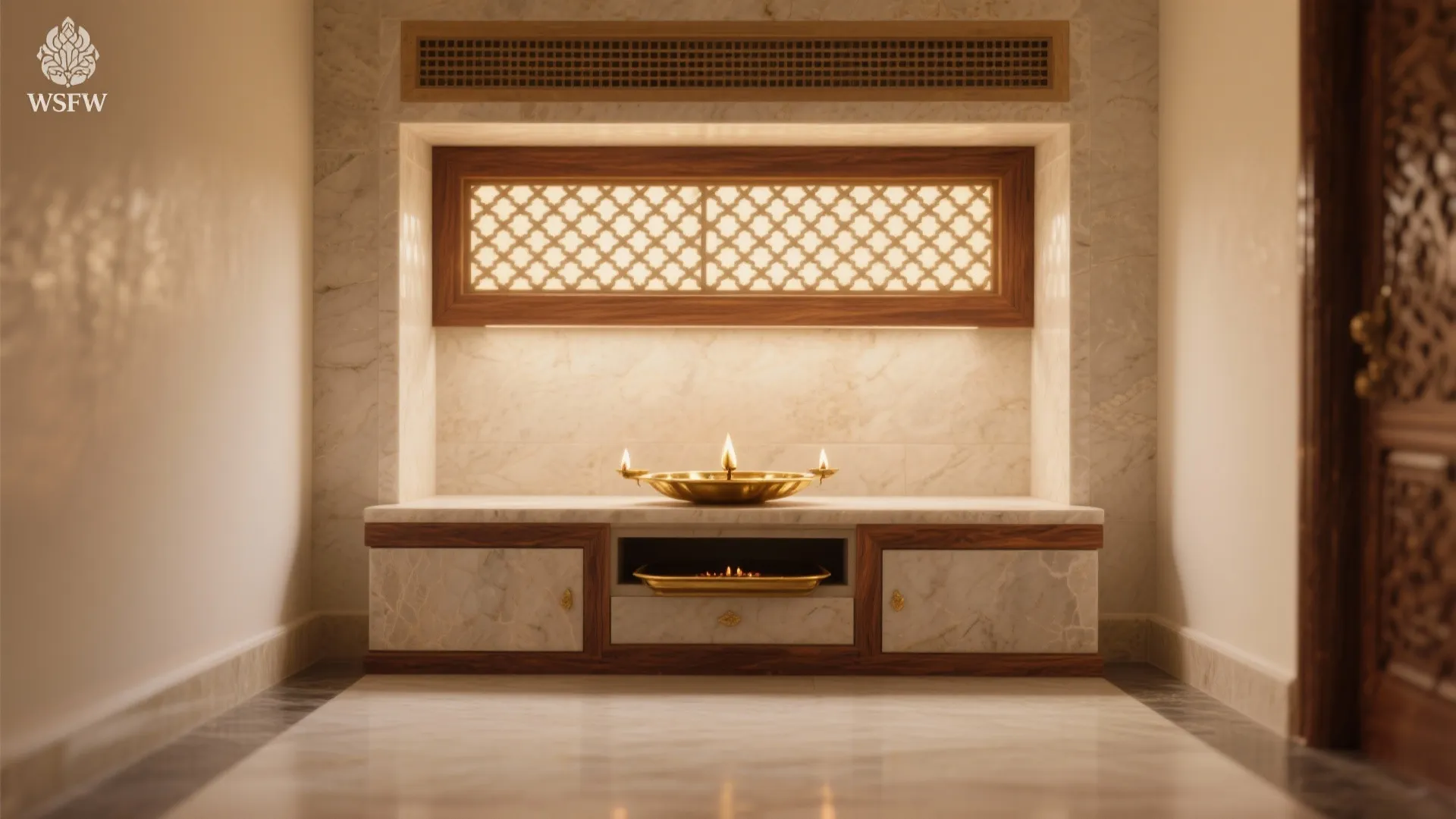 Idea 1: A carved wall niche with a pull-out aarti tray