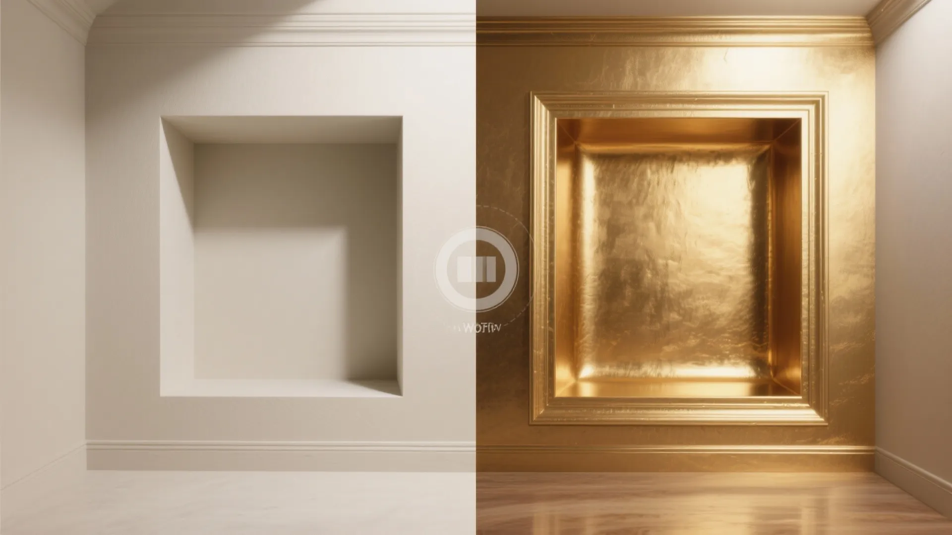 Before and after comparison of a plain white wall niche versus a decorative gold metallic finish