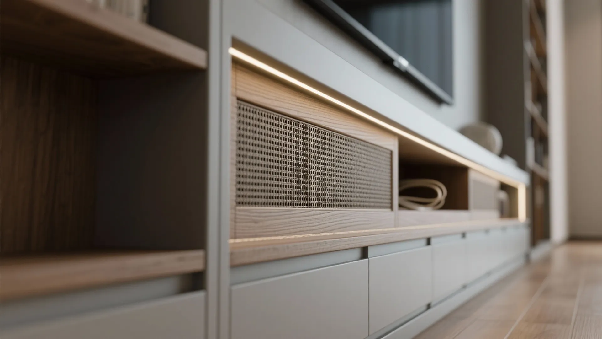 3) Media Niche + Built-In Shelving