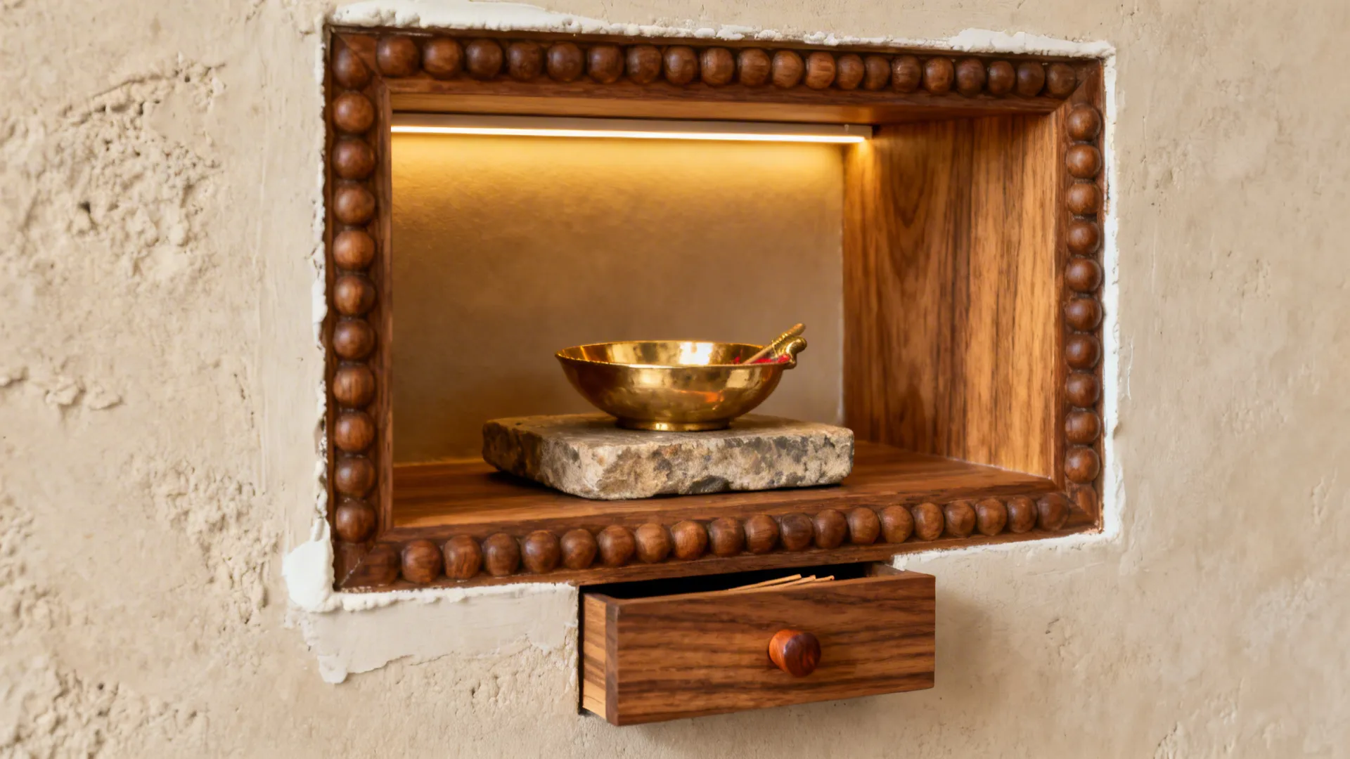 Small wall shelf with wood frame and gold bowl on a stone base with light fixture