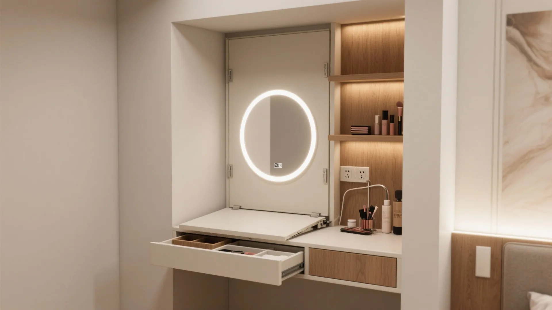 Modern white makeup vanity with round lighted mirror wooden shelves and open drawers for cosmetics storage
