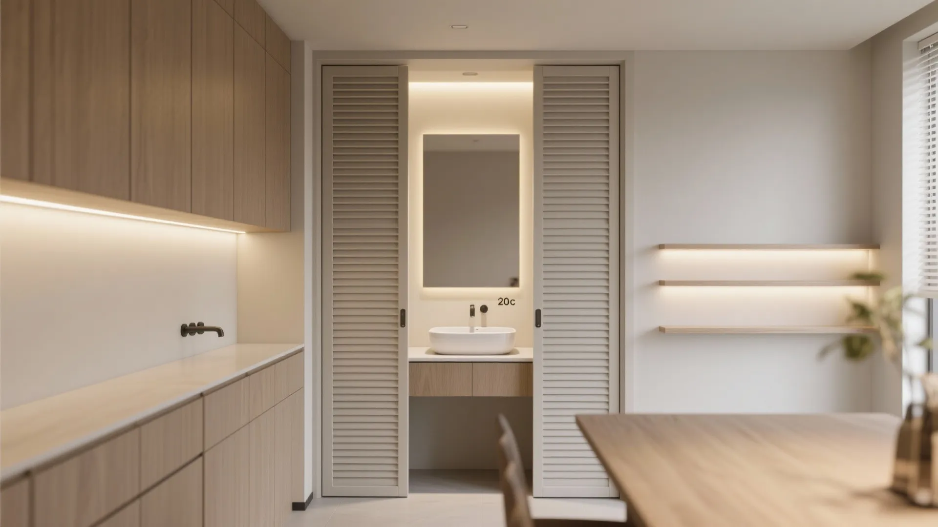 3) Niche-mounted vanity with concealed doors