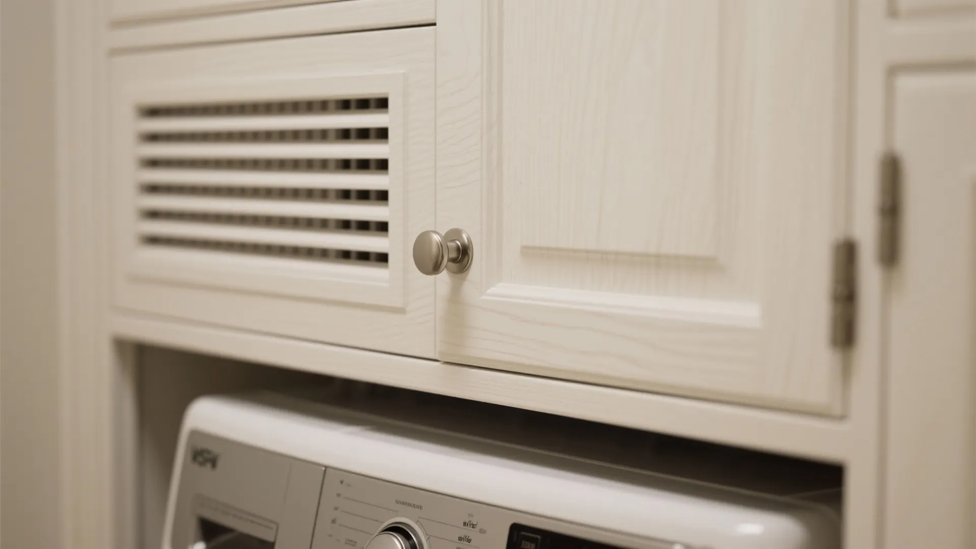 Stacked washer-dryer tower inside a built-in niche