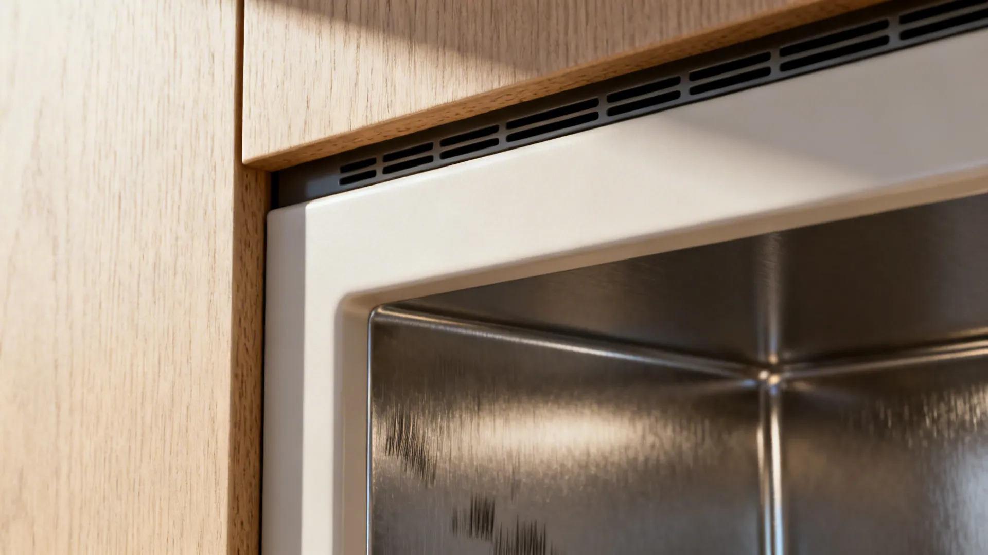 Close-up of a microwave niche edge with a discreet rear vent grille