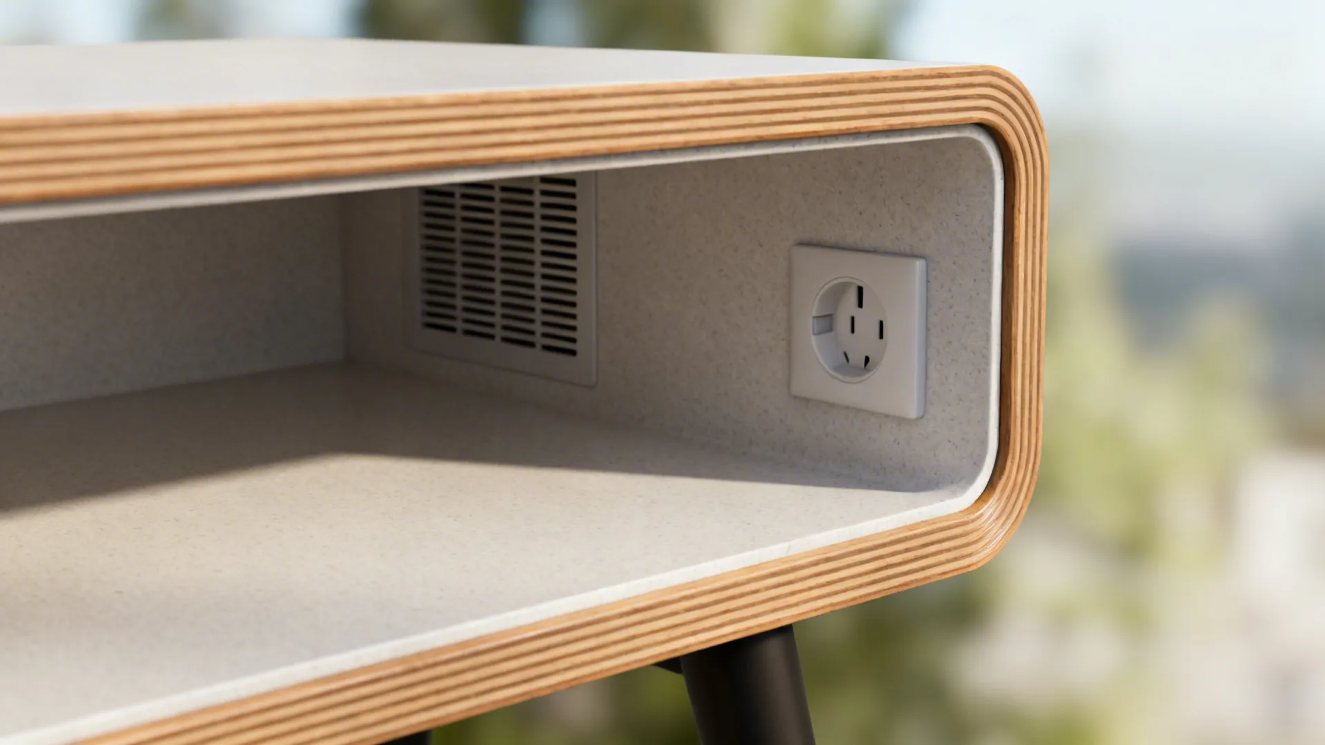 Macro of a pantry niche with oak trim, compact laminate lining, outlet, and ventilated back grille.