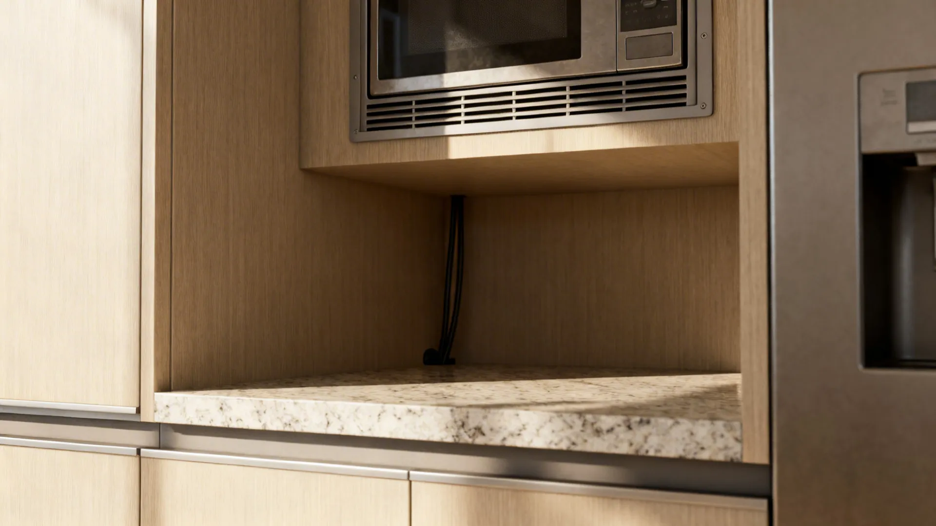 Close-up of a microwave niche showing vent clearance and wipeable quartz surfaces.