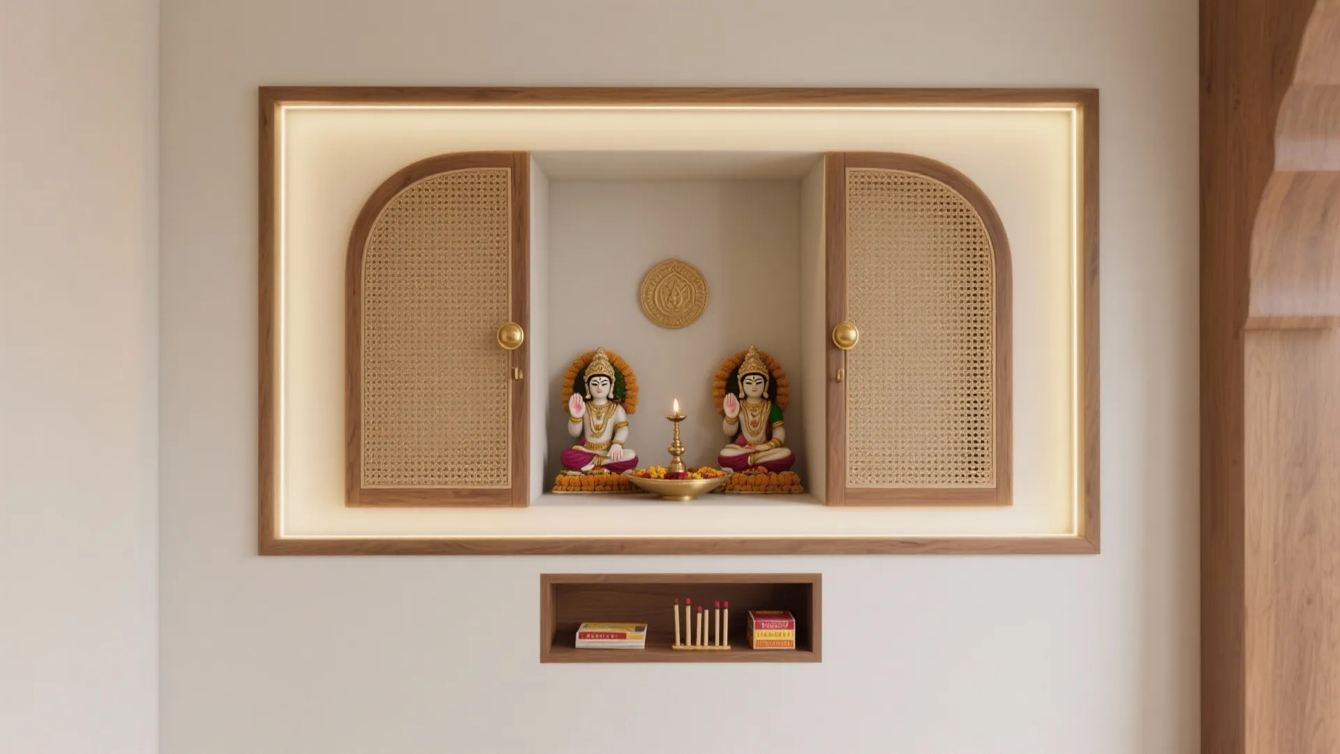Wall mounted prayer cabinet with wooden mesh doors warm light and colorful small religious statues