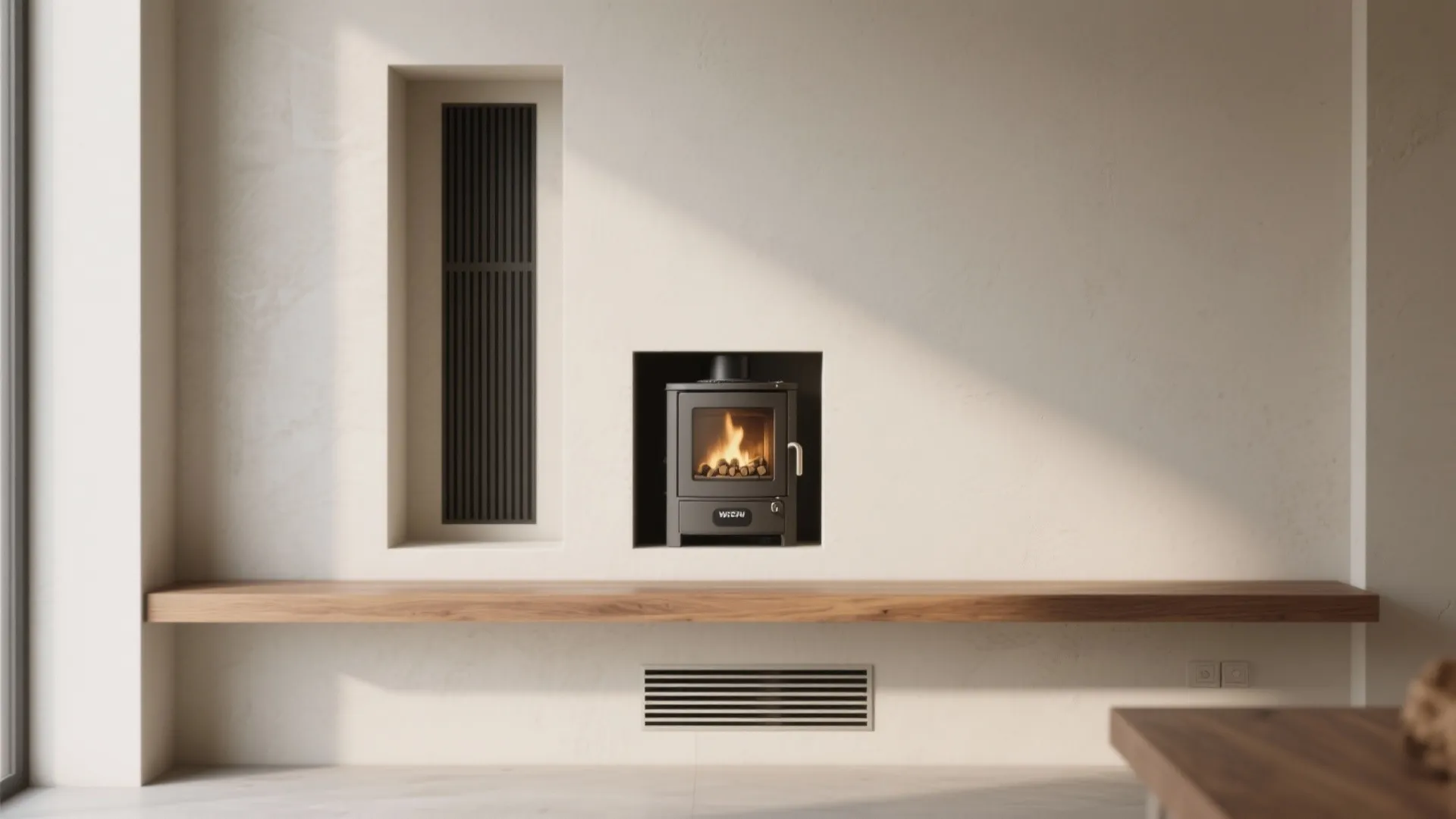 Modern wall design with black stove niche, wooden shelf, and vents for better air flow