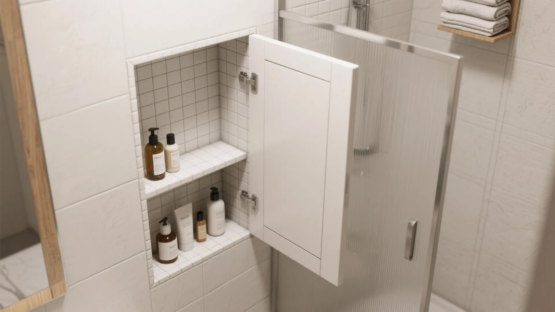 White bathroom wall shelf with two levels holding bottles and a small open cabinet door