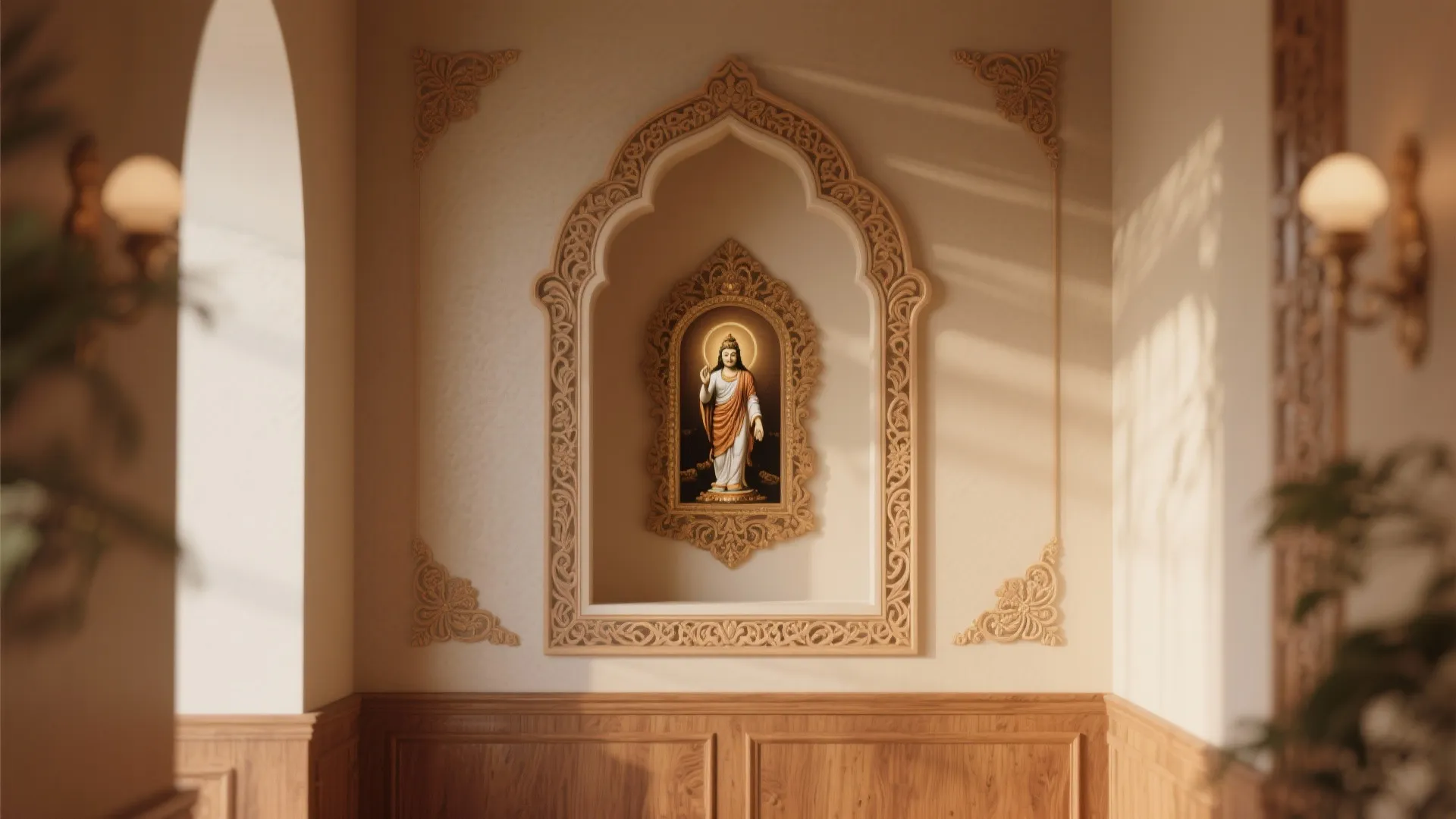 Decorated wall niche with golden frame holding a religious picture above wooden wall panel design
