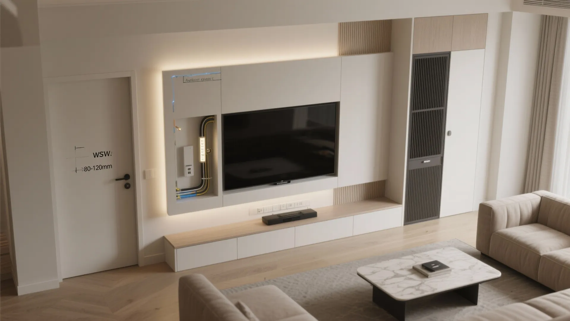 Built-in niche wall with flush doors and media closet