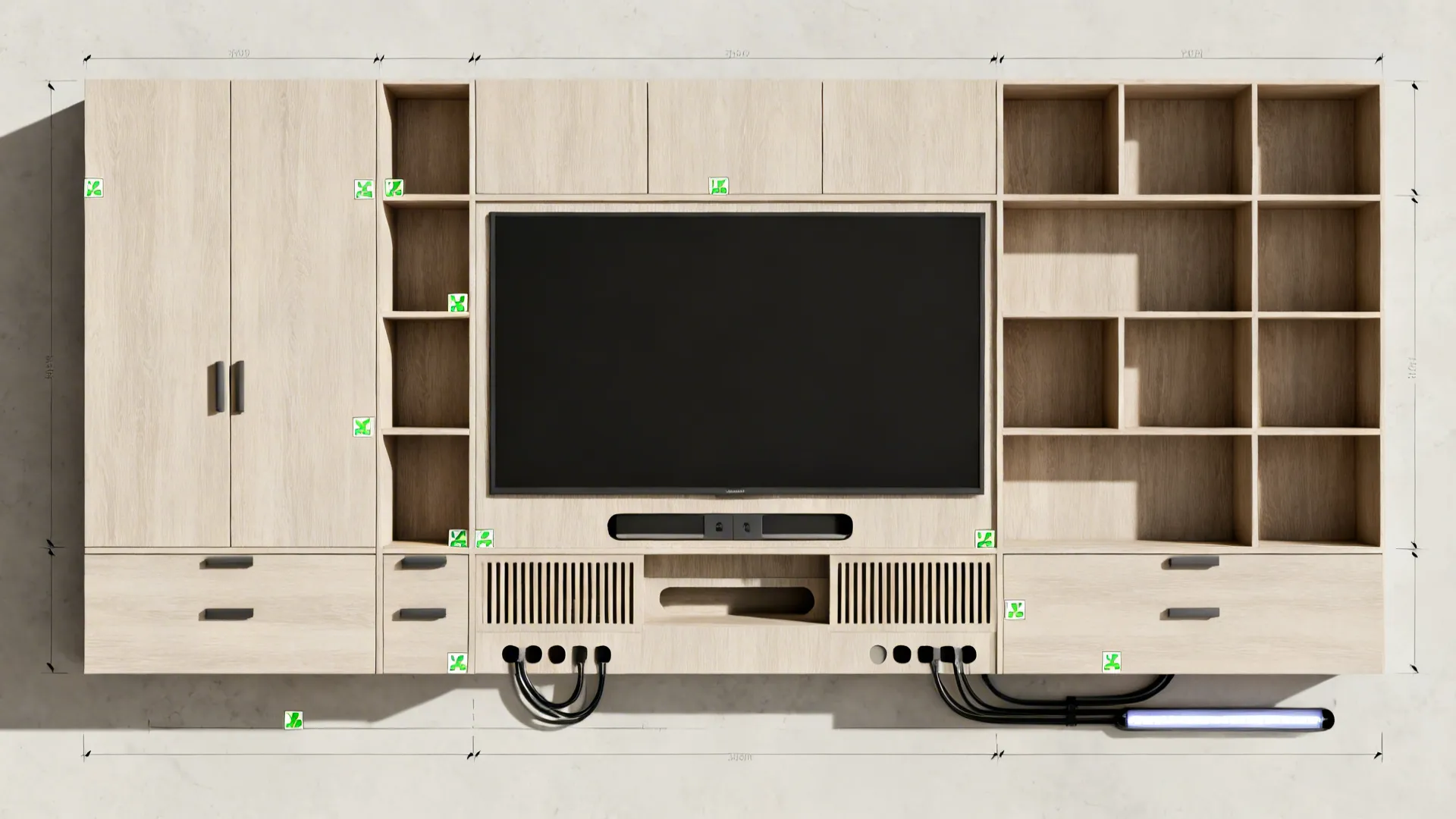 Top-down layout flat lay showing a grid of cabinets and open niches around a central TV with cable channels.