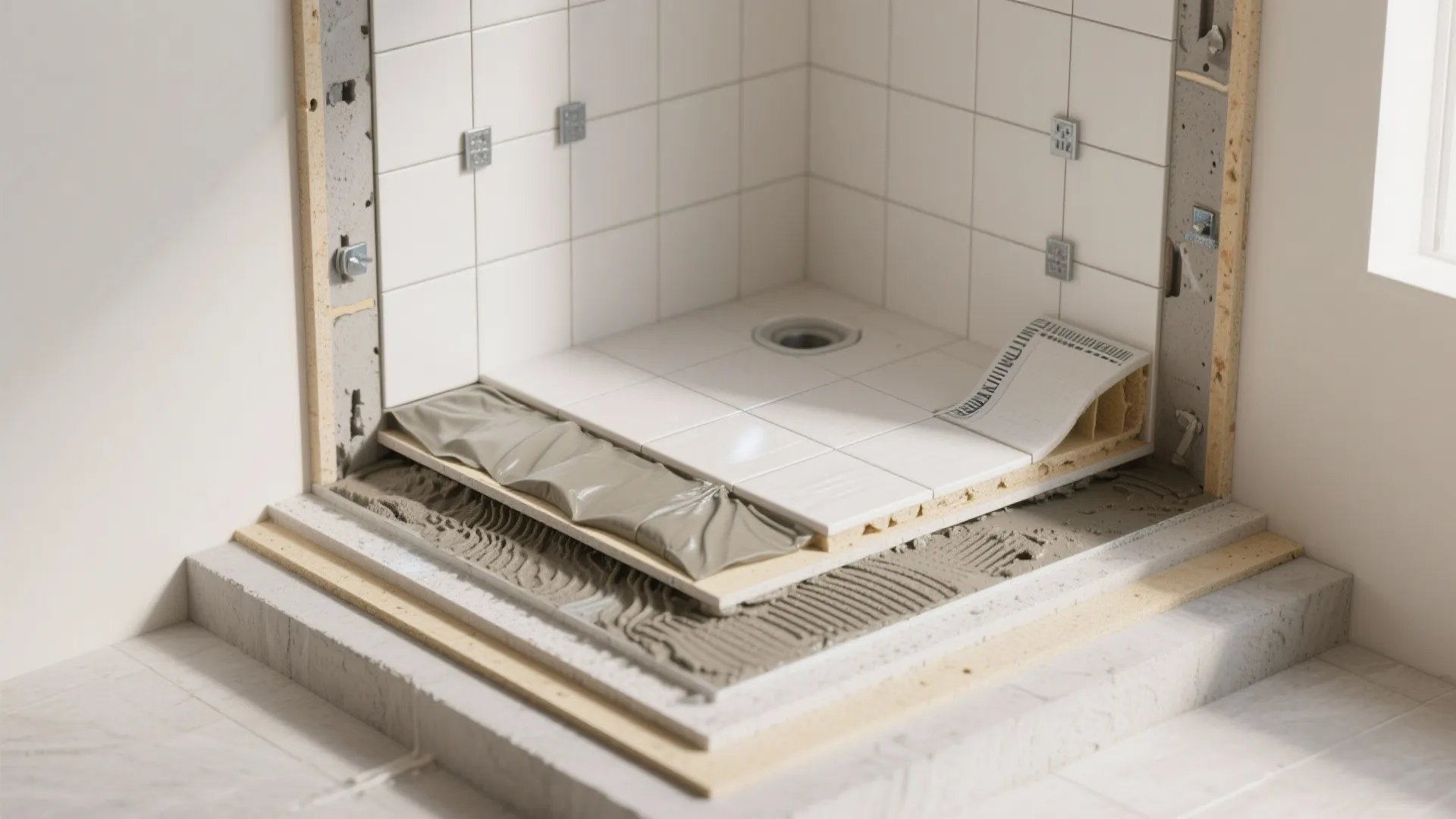 Detailed interior design drawing showing waterproofing layers under white shower floor tiles and corner drain