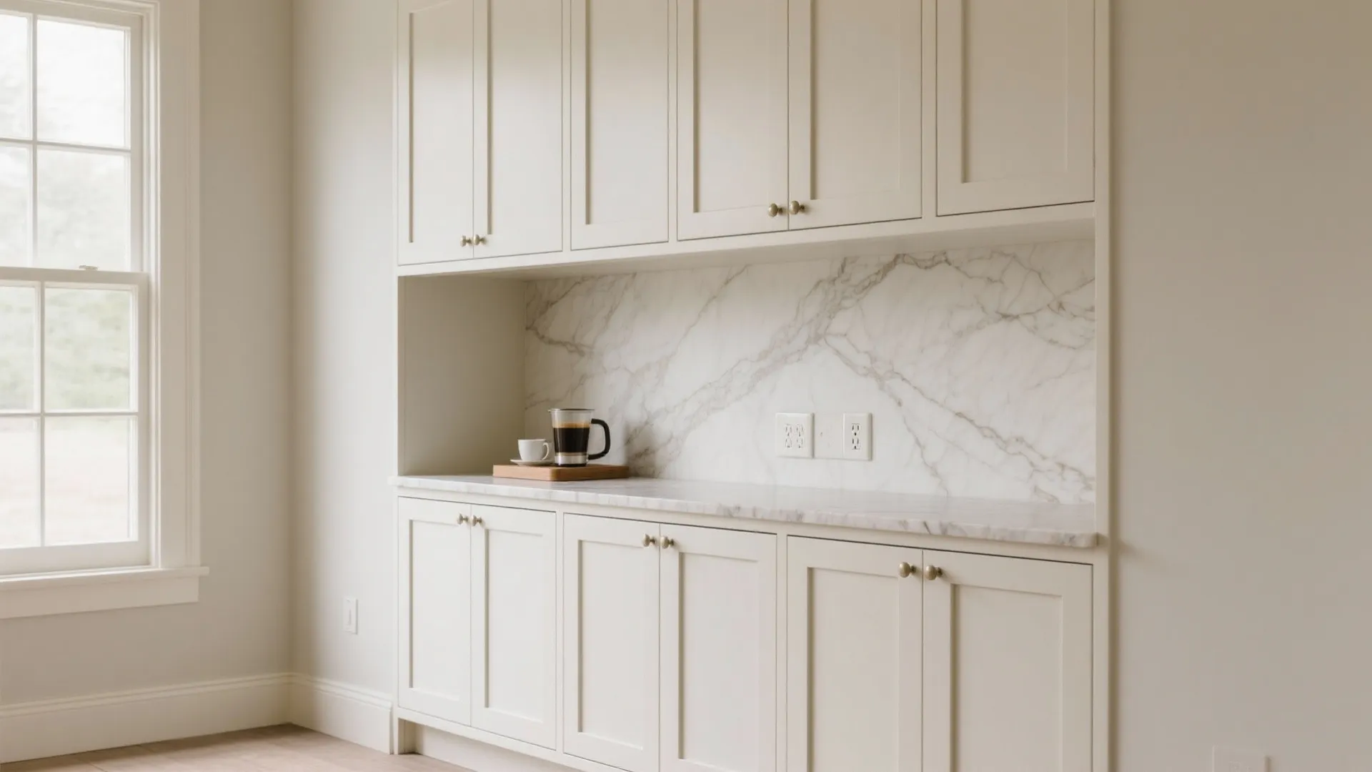 Elegant white kitchen cabinet set with marble backsplash featuring a coffee press and window light