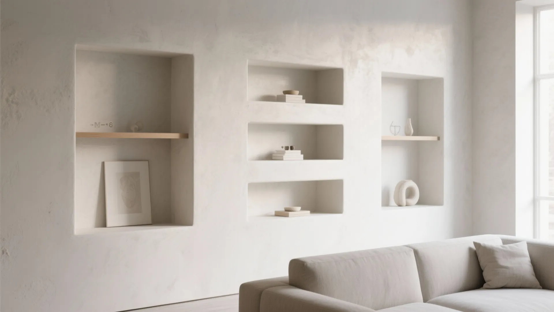 Microcement living room wall with seamless plaster niches, shallow built-in shelves and minimal decor.