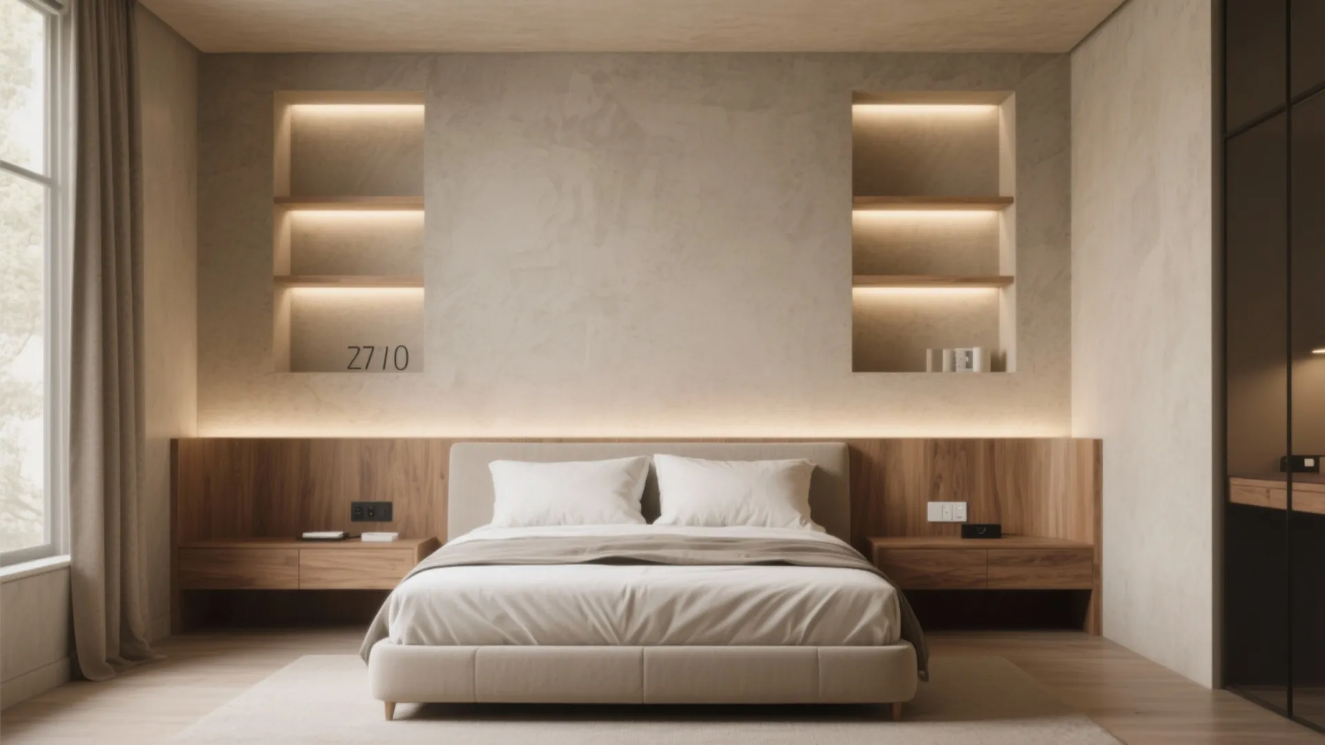 Minimalist bedroom with wooden wall panel shelves hidden light strips and a neutral color scheme