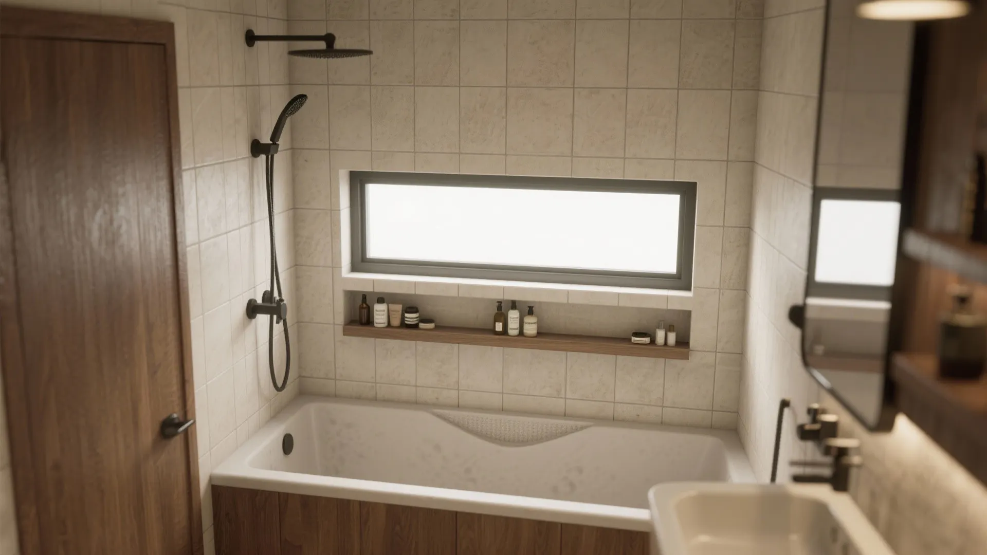 Small bathroom window above a wooden shelf with bottles located over a white bathtub area