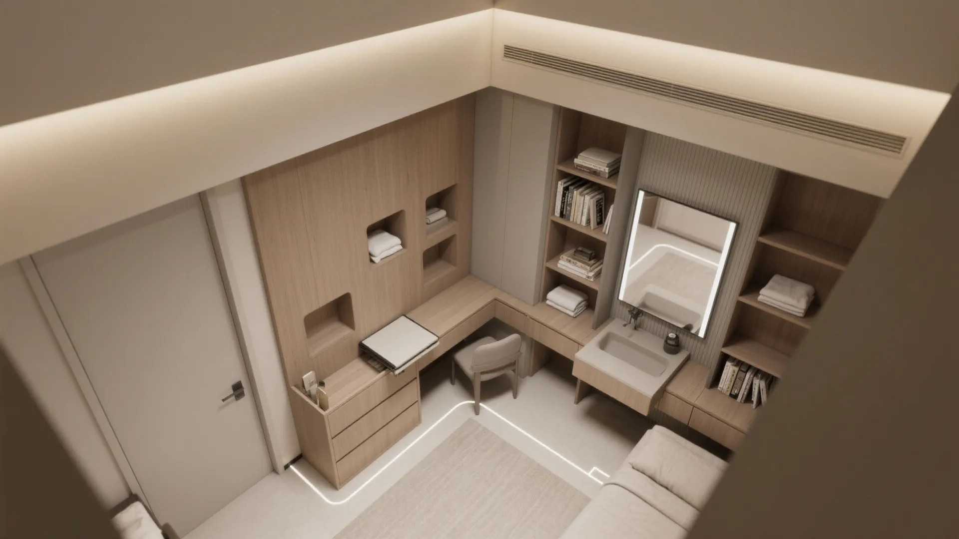 3. Built-in niches and a foldaway desk for flexibility