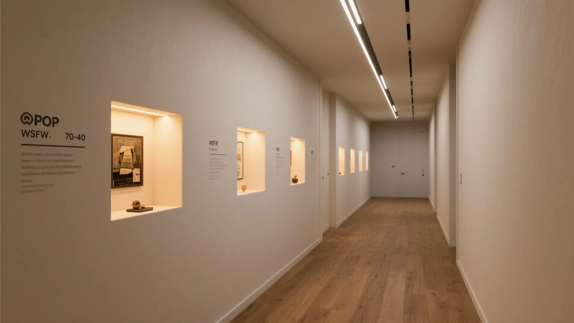 White hallway with wood floor and wall niches displaying art under long ceiling light fixtures