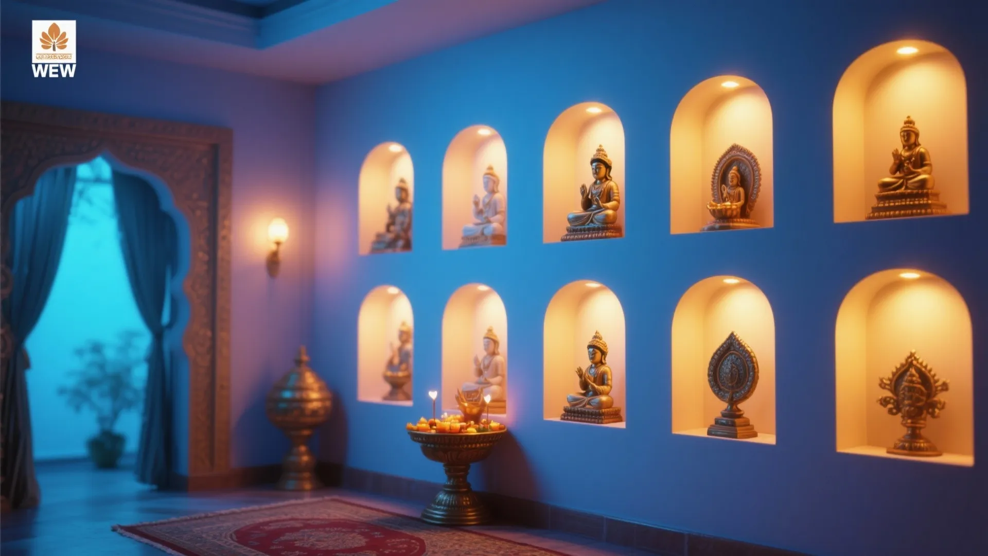 Blue prayer room with several lit wall niches holding small golden statues and warm indoor lighting