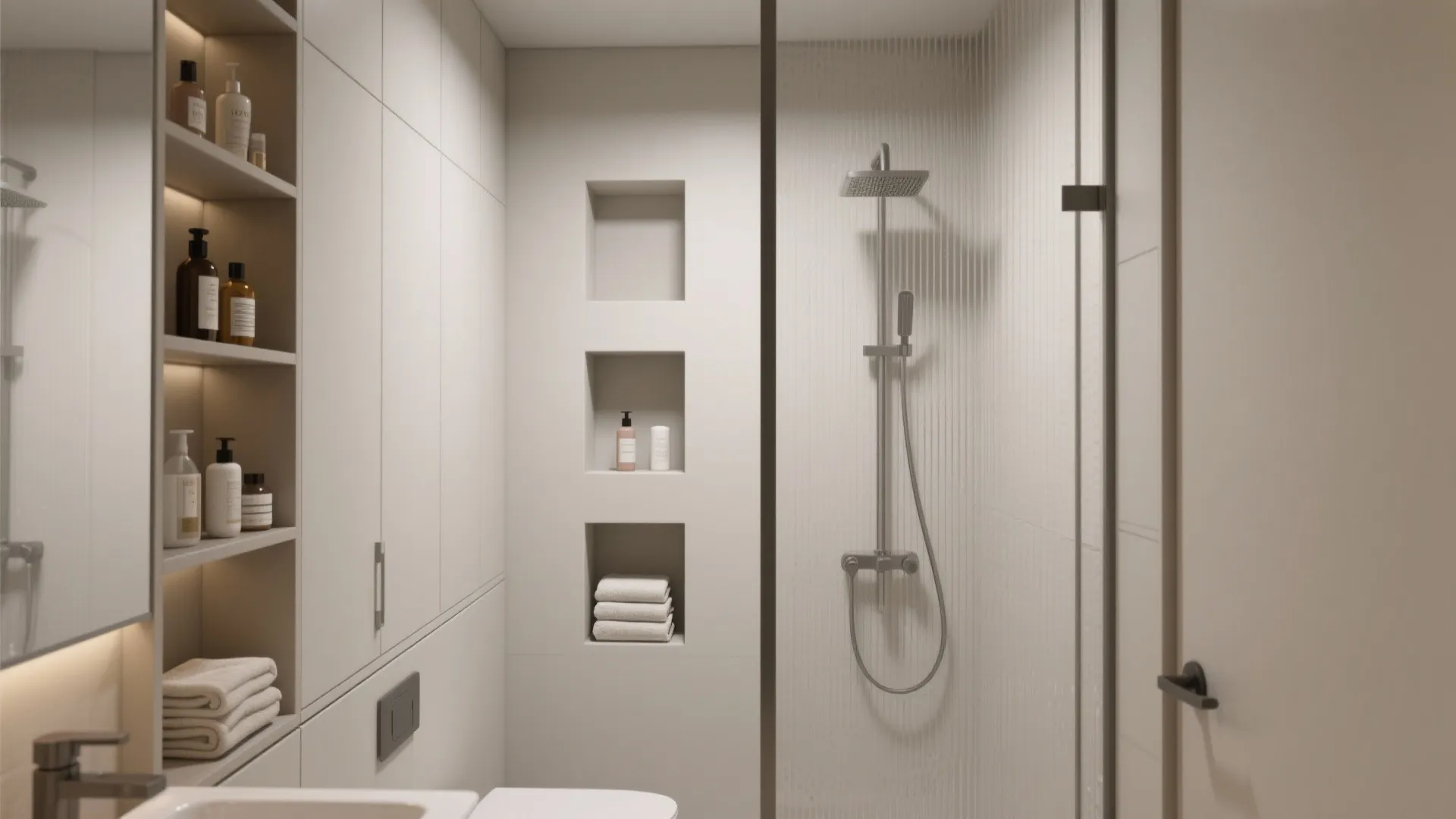 Minimalist white bathroom with wall storage niches, glass shower door, light fixture, and folded towels
