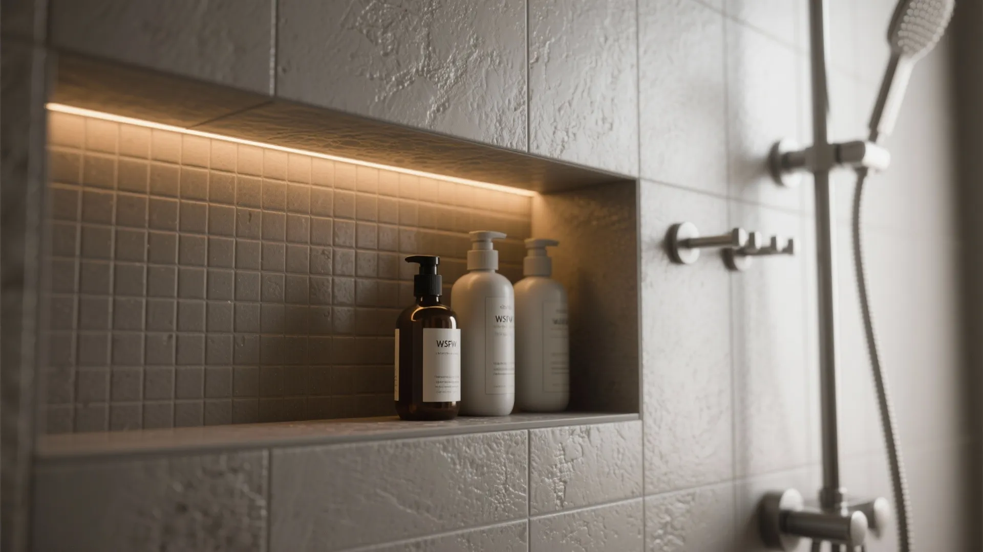Recessed wall shelf with warm light holding three soap bottles inside modern grey tiled shower