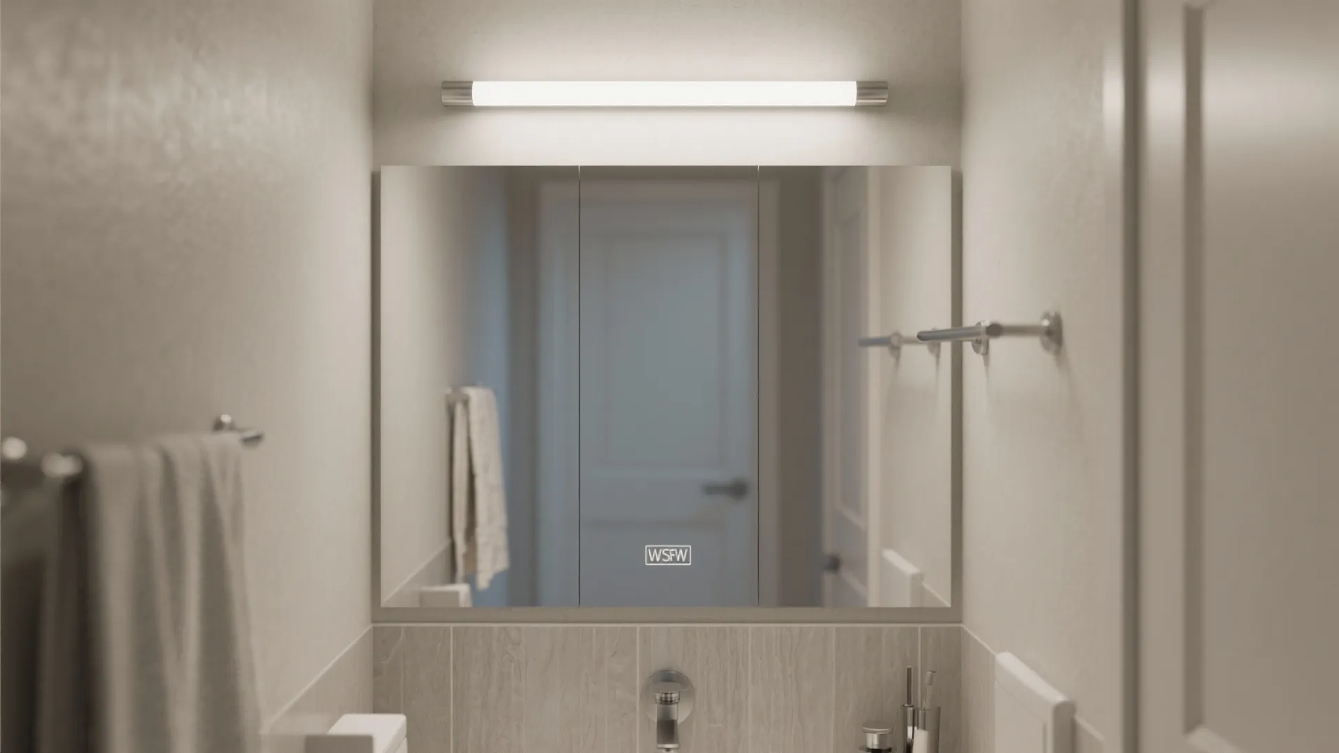 Long horizontal bathroom light fixture placed above a large mirror with a grey towel hanging