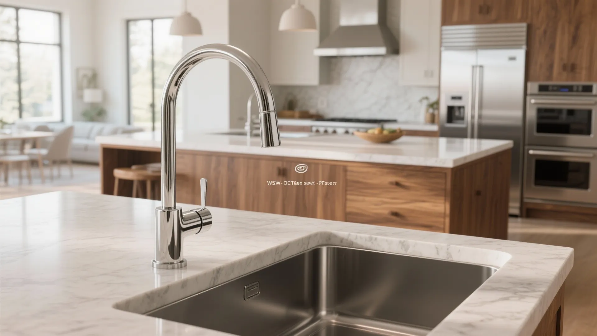 Polished chrome kitchen faucet on marble island with wood cabinets and stainless steel appliances background
