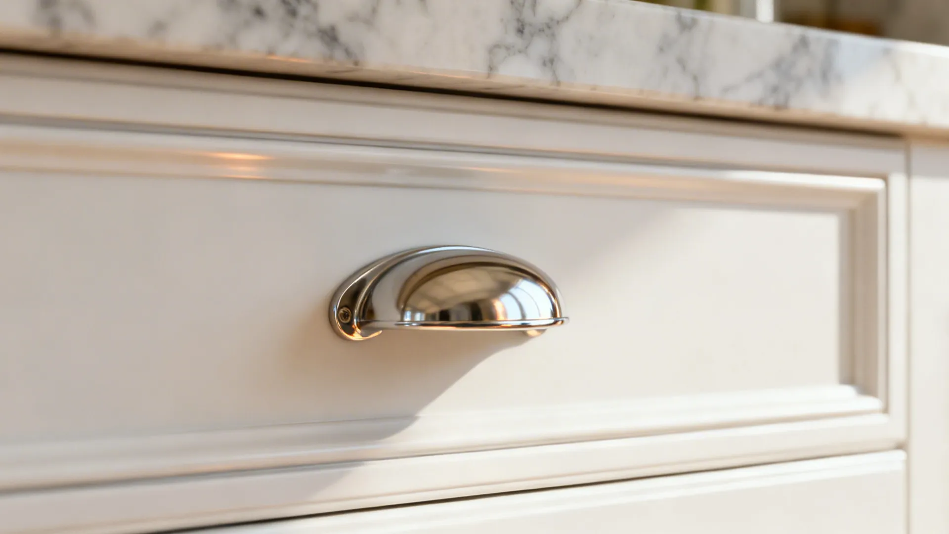 Macro of a polished nickel cup pull on a white drawer with gentle reflections.