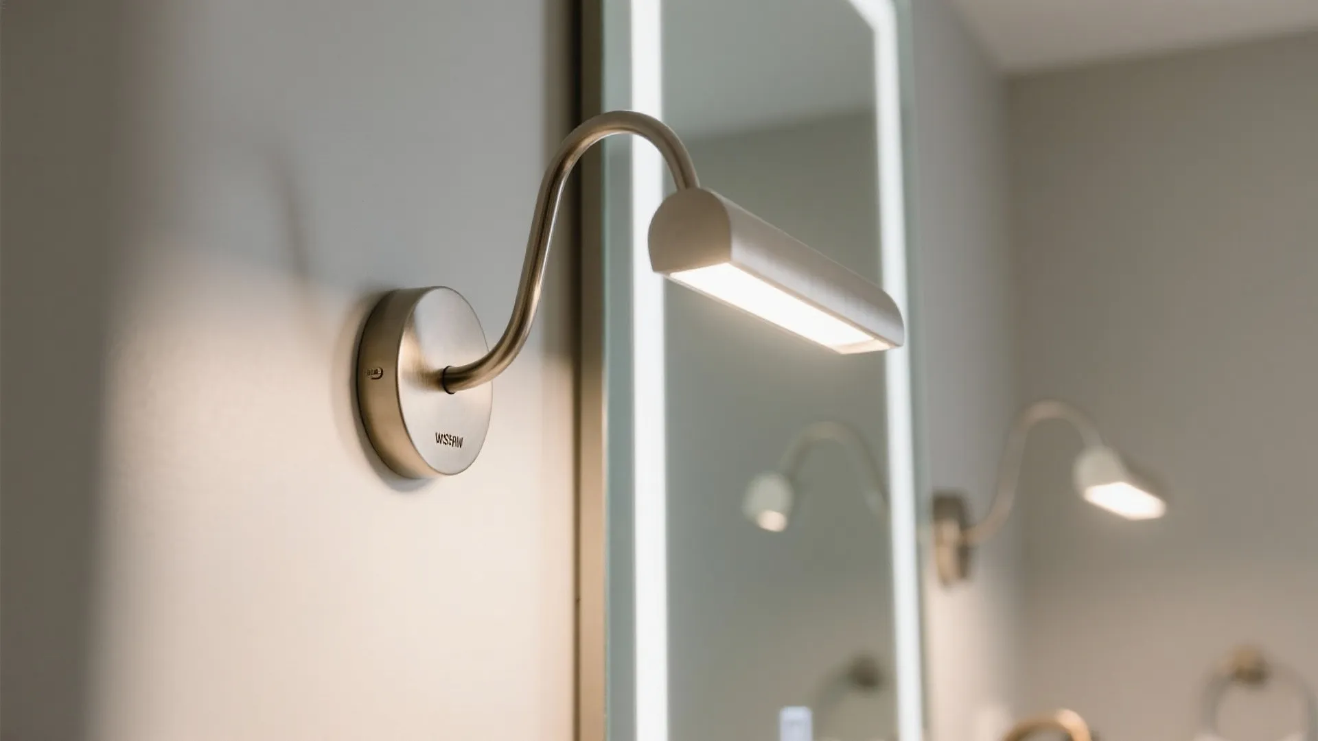 Close up of a brushed metal wall light with a curved arm near a mirror