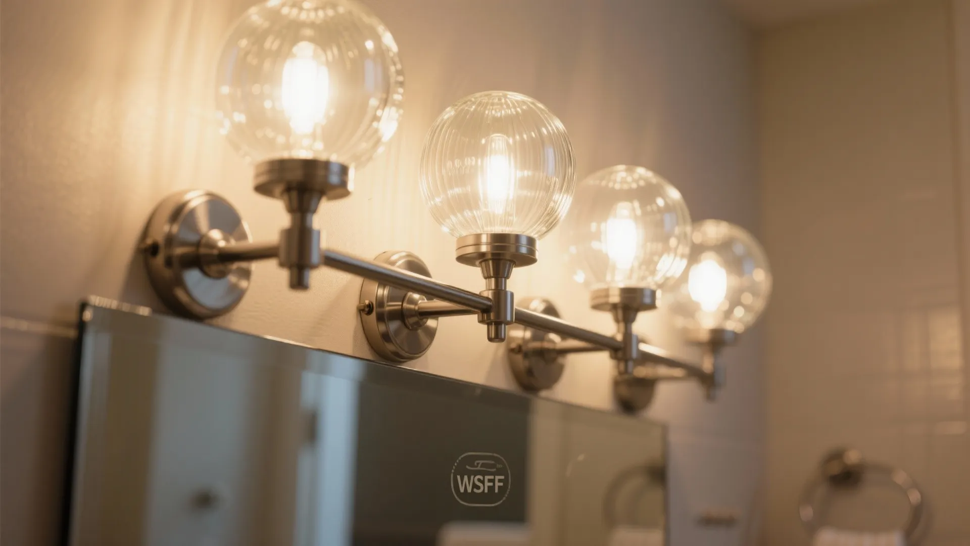 Four round glass globe wall lights with warm bulbs installed above a bathroom vanity mirror