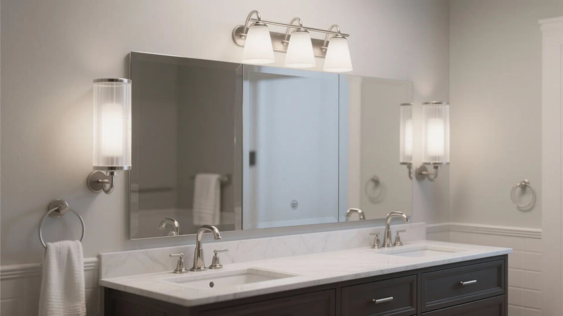 Bathroom vanity featuring three light fixture over mirror marble countertop and two side wall lights