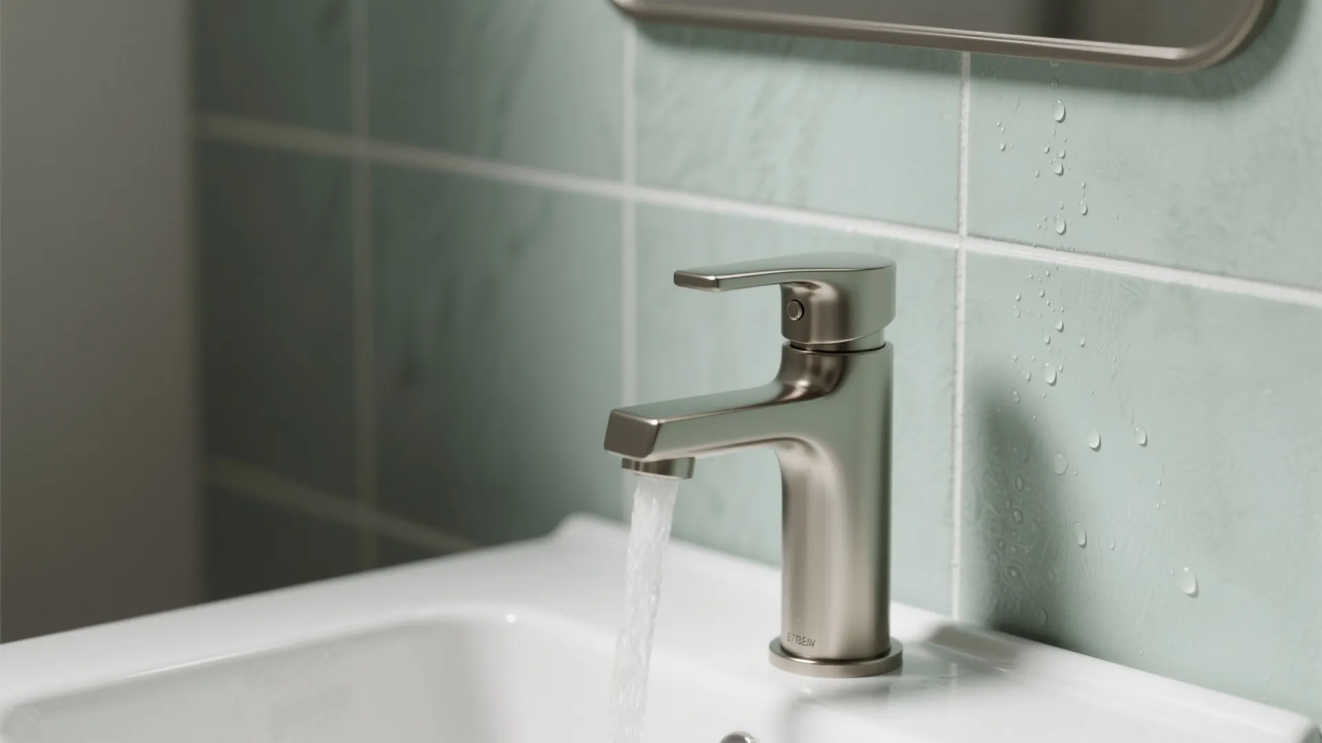 Modern silver water tap running in bathroom with light green wall tiles and white sink