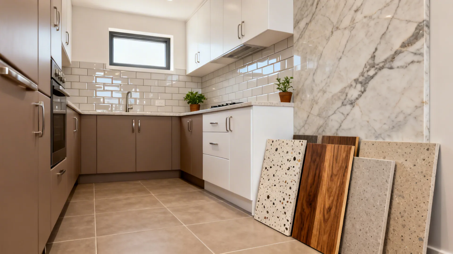 Modern kitchen with brown cabinets, white wall cabinets, marble wall, and floor material samples leaning against wall