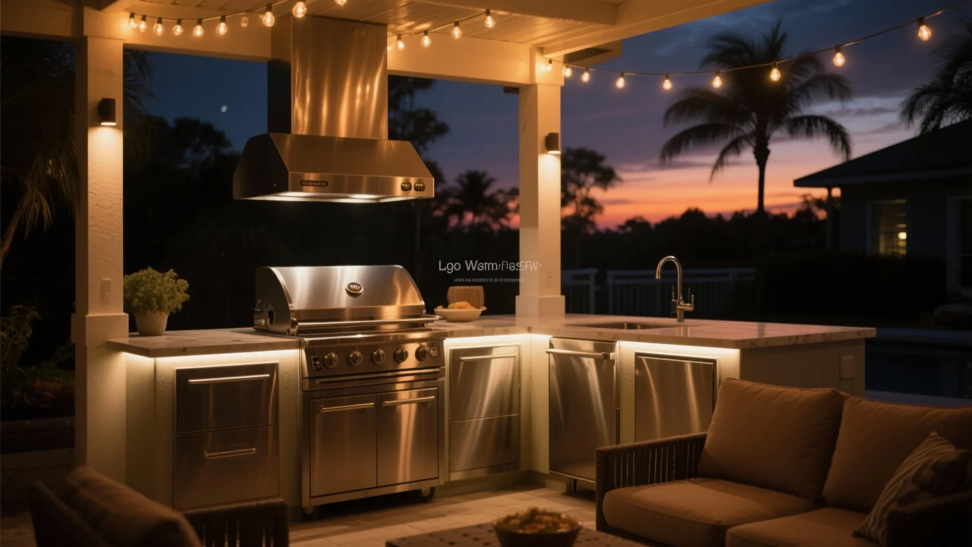 Evening Florida outdoor kitchen with layered string lights, task lights, and under-counter LEDs
