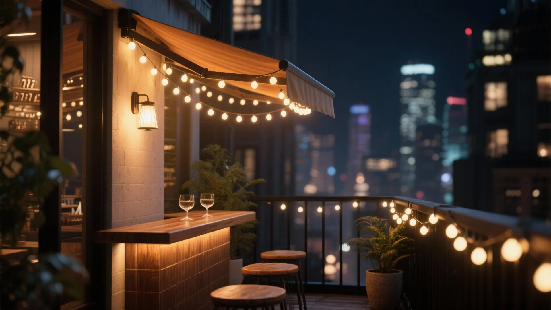 Night balcony bar with wooden counter stools string lights wall light and a city view