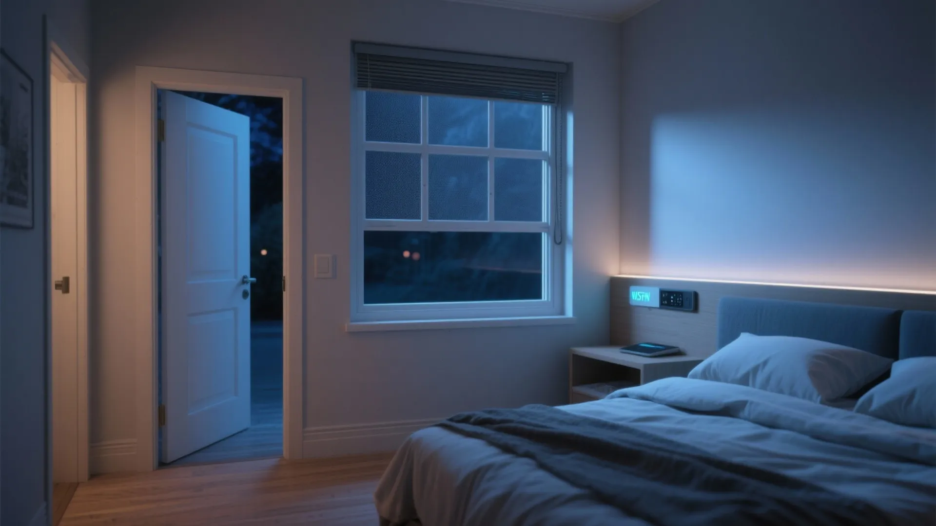 Dark bedroom at night with an open door, open window, bed, and soft blue light fixture