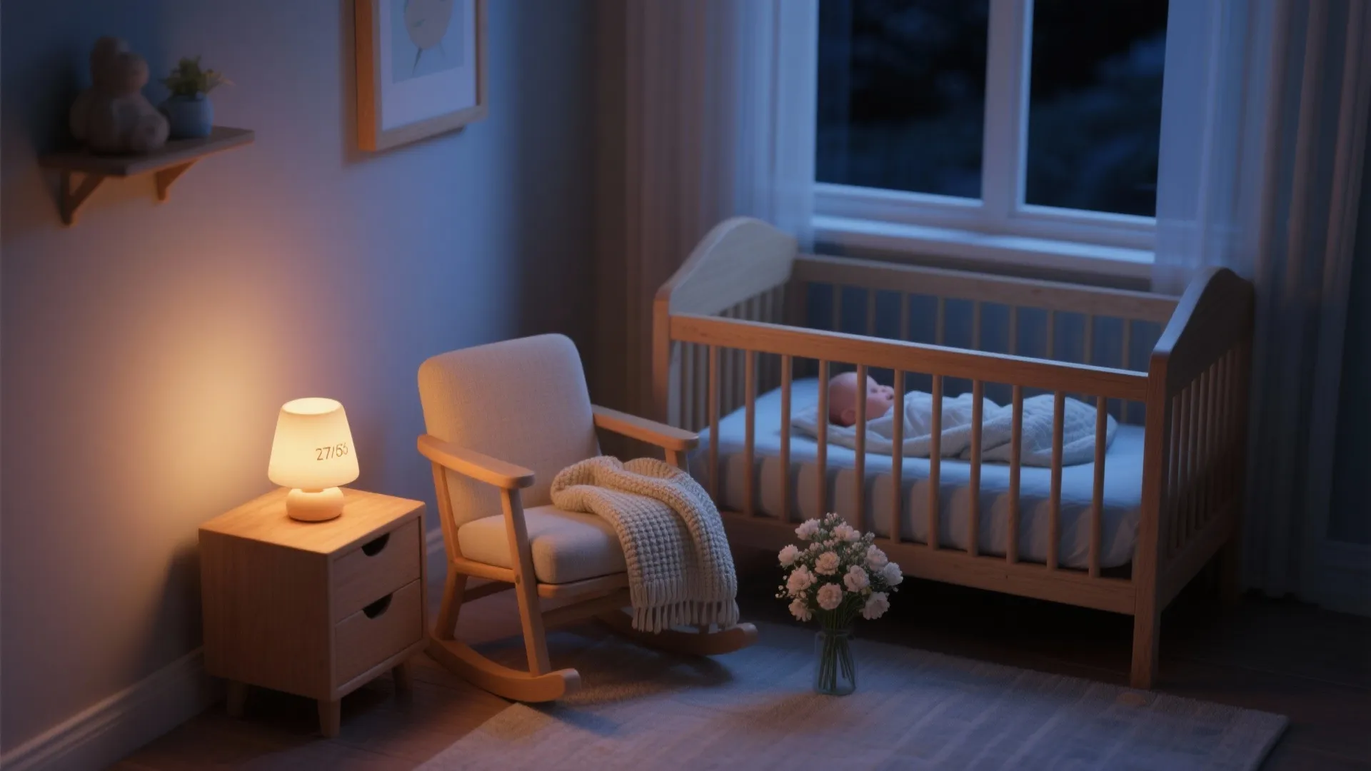 Cozy nursery corner at night with a warm nightlight near a feeding chair and warm wood accents away from the bassinet.