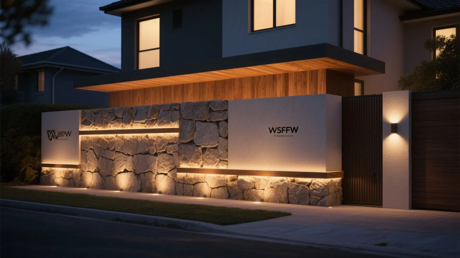 Modern stone wall fence with warm exterior lighting and wooden gate at a house entrance at night