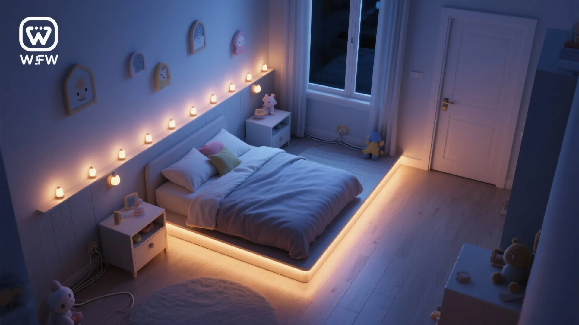 Cozy bedroom with warm under bed lighting and small wall lights along the grey wall