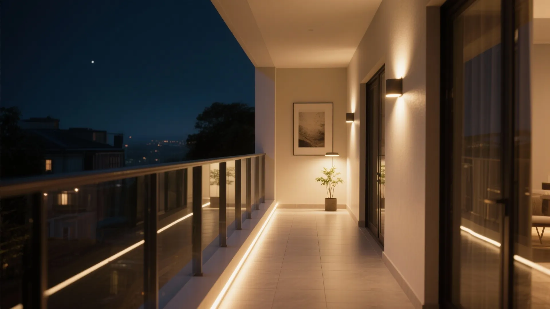 Modern balcony at night featuring warm wall lights yellow strip lighting a potted plant railing