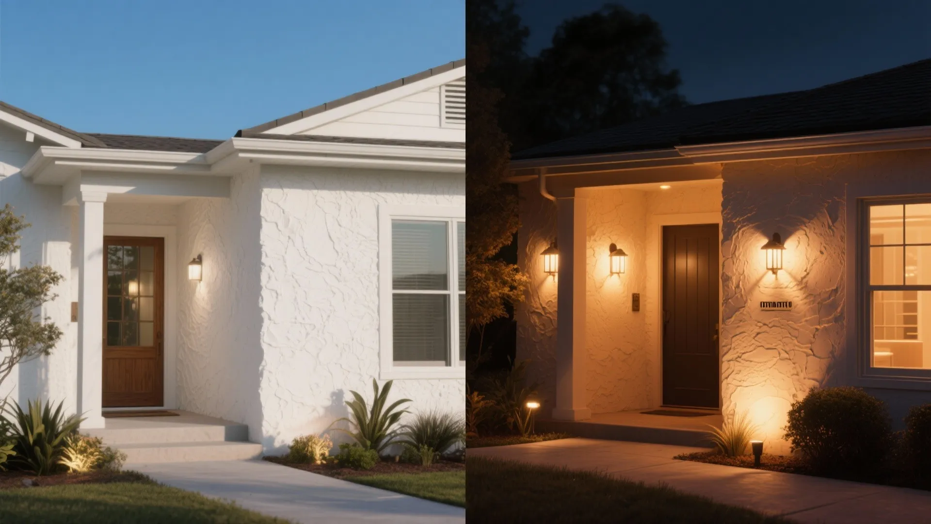 Side by side comparison of a white house exterior during the day and at night