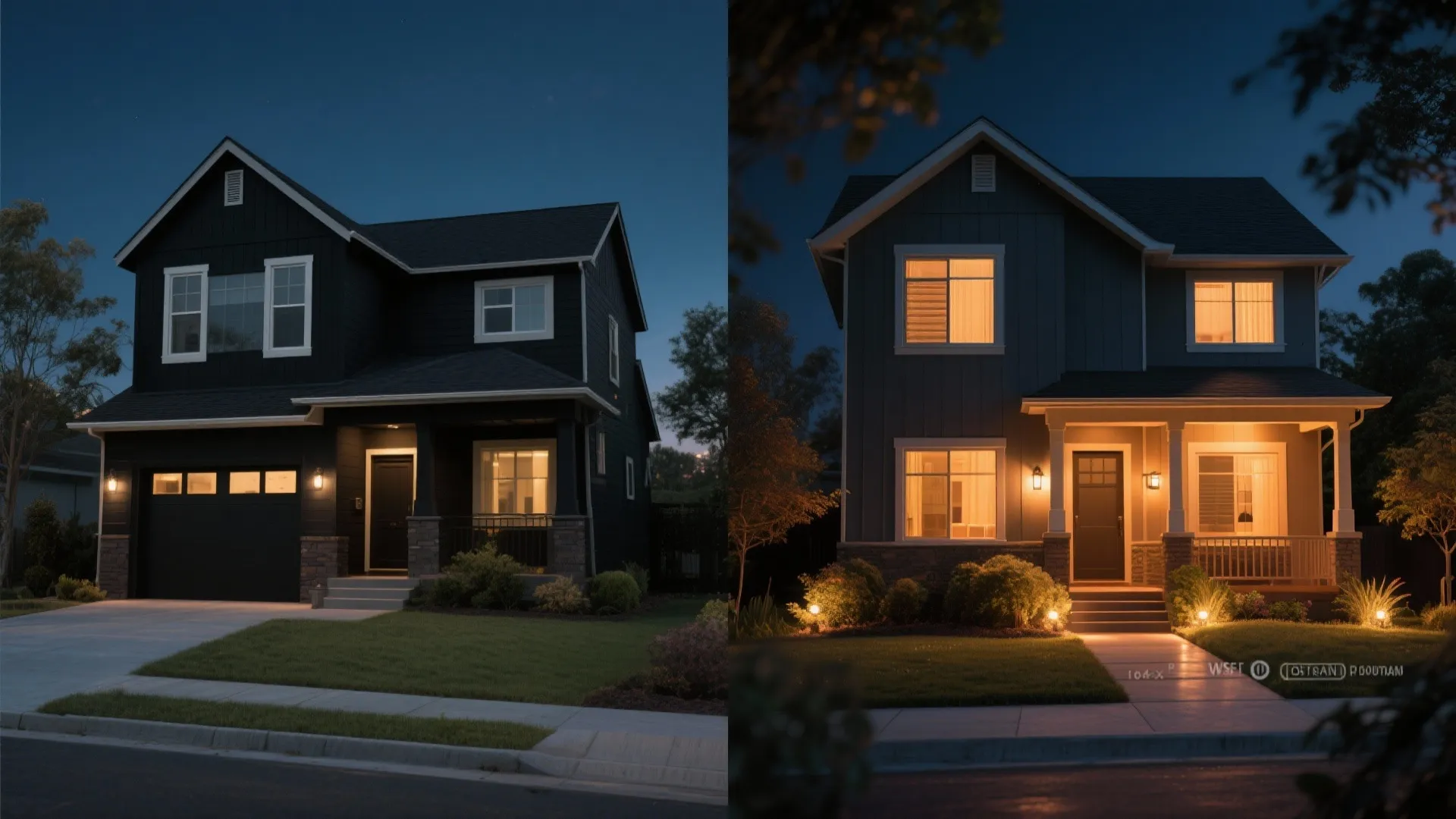 Before and after comparison of house exterior lighting showing dim versus bright warm outdoor lights